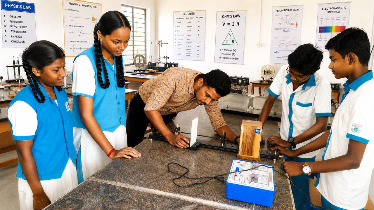 Safire students conducting a supervised physics experiment