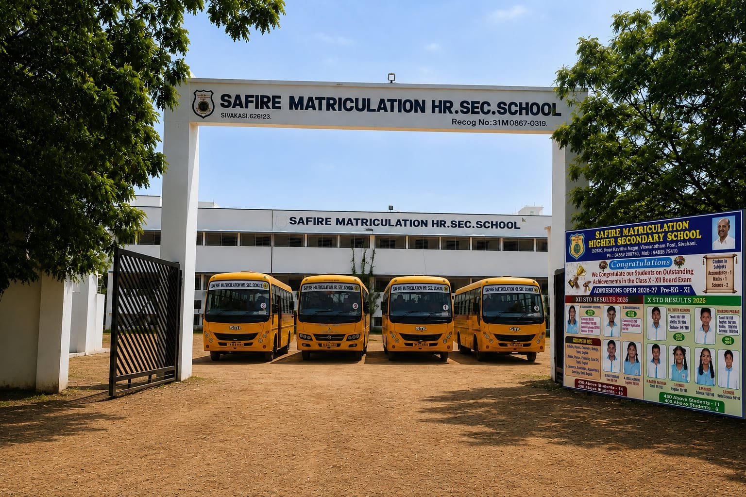 Safire school entrance, campus, and transport fleet